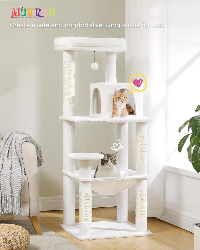 MUTTROS Cat Tree for Large Cats with Metal Plush Big Hammock, 56.3" Cat Tower for Indoor Cats with 2 Door Condo House, 6-Tier Cat Shelves with Scratching Posts and Large Top Perch, Cream White