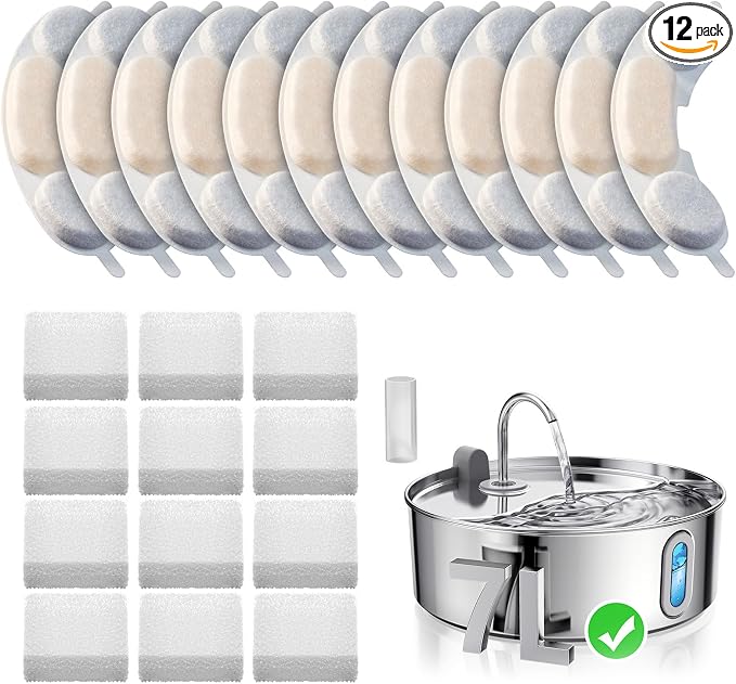 Smartoo Official 12 Packs Dog Water Filter Replacement and 12 Sponges with 1 Pump Holder for 7L/236oz/1.8Gal Stainless Steel Dog Water Fountain