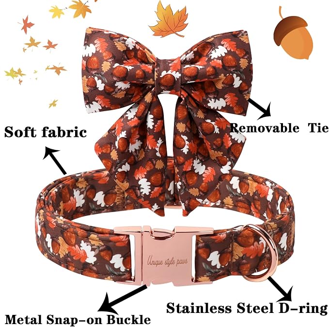 Unique style paws Cartoon Dog Collar with Bowtie Autumn Puppy Collar with Hazelnut Maple Leaf for Small Medium Large Boys Girls Dogs