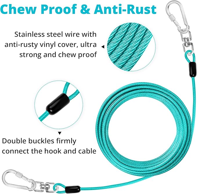 jenico Dog Tie Out Cable: 15 ft Dog Lead for Yard - Heavy Duty Chain Leash Outside for Small Large Dogs Up to 500 lbs - Outdoor Dog Runner Tether