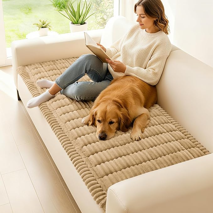 hyha Couch Cover for Dogs Washable, Non Slip Thick Flannel Sofa Protector, Pet Friendly Plush Furniture Cover for Sectional Sofa & Loveseat (Camel, 27.6" x 27.6")