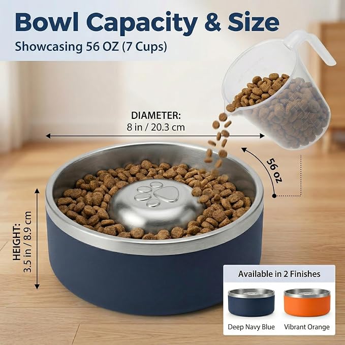 Stainless Steel Slow Feeder Dog Bowl, Heavy Duty Thickened Metal Dog Bowl, Non-Slip Base, Dishwasher Safe, Anti Gulping Feeding Bowl for Small to Medium Dogs & Cats, 56 oz, Dark Blue