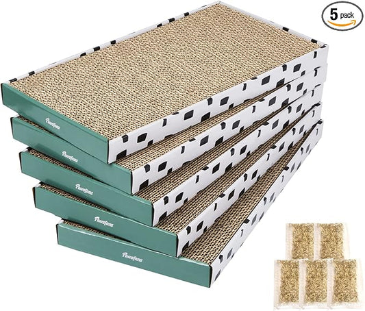 PAWSFANS Cat Scratcher Cardboard Scratch Pad with Box Durable Corrugate Scratching Board Kitty Sofa Lounge Bed Reversible Catnip Included for Indoor Cats,Large (Box, 5pcs)
