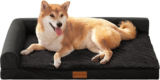 Patas Lague Orthopedic Dog Bed Medium Size Dog 30''X20'', Waterproof L Bolster Medium Pet Sofa Beds with Removable Washable Cover, Soft Pet Couch Crate Mat with Nonskid Bottom, Black