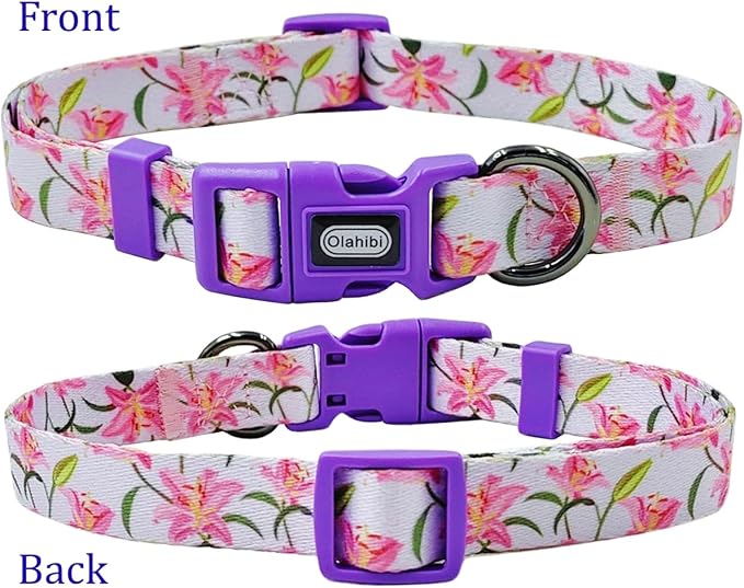 Dog Collar Leash Set, Floral Pattern, Polyester Material, Adjustable Collar and 5ft Matchcing Leash, for Medium Dogs.(M, Purple Lily)