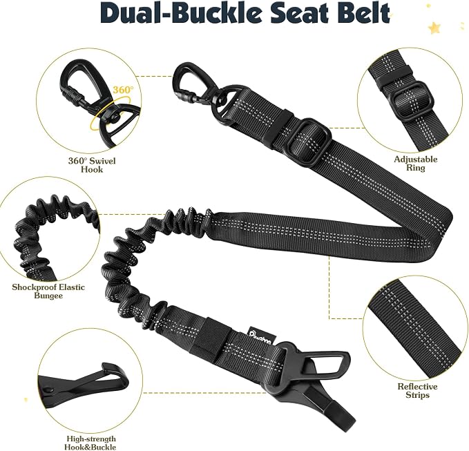Pawaboo Dog Seat Belt Harness for Car, Dog Car Harness Seatbelt with Double Clips, Adjustable Breathable Pet Vest & Dogs Safety Tether with Elastic Bungee for Small Medium Large Pet, L, Black