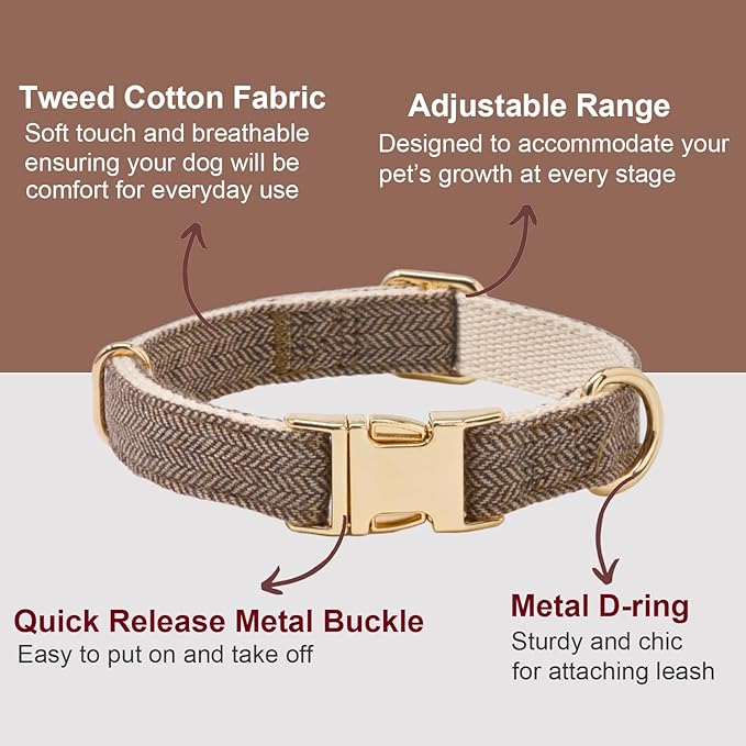Soft Dog Collar and Leash Set Adjustable Woven Tweed Dog Collars with Metal Buckle and Lead for Small Medium Large Dogs,Coffee