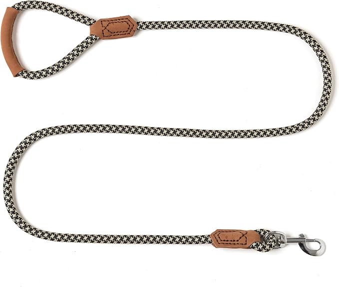 Mile High Life | Premium Leather Handle Dog Leash | Strong Rope Leash | Zinc Alloy Strong Clasp | Small Medium Large Dogs | 4/5/6 Feet(Black Khaki, 48 Inch (Pack of 1))