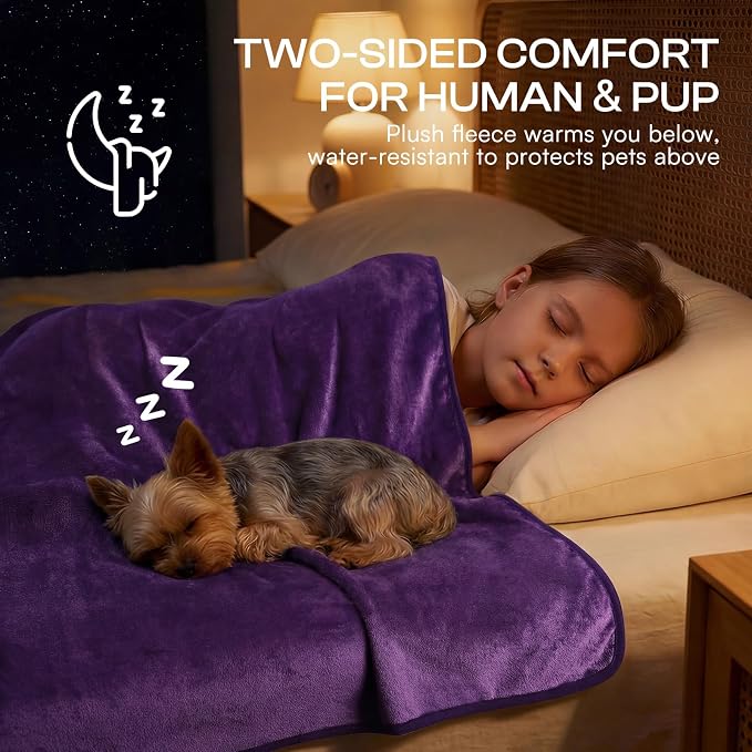 Luciphia Waterproof Blanket for Dog Washable Reversible Sherpa Fleece Throw Blanket for Bed Couch Soft Liquid Pee Proof Furniture Cover Protector for Small Medium Large Pet Cat Purple 65" x 57"