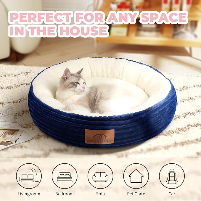 Zerbuger 23in Round Cat Dog Bed for Large Medium Small Dogs Cats, Machine Washable Sleeping Sofa, Non-Slip Bottom Breathable Soft Calming Pet Cuddler for Indoor/Outdoor/Car/Cage, Navy Blue