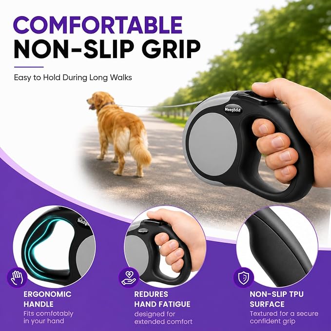 Heavy Duty Retractable Dog Leash-16ft Strong & Durable Walking Leash for S to L Dogs up to 45/115 lbs, Upgraded Lock System, Non Slip Grip, Tangle Free (Grey, Medium-Large Sized)