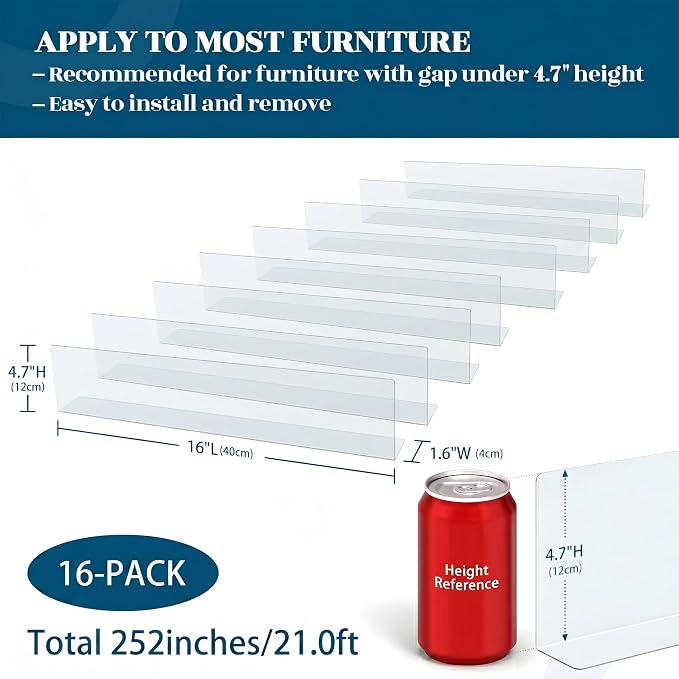 252'' Total Length Under Sofa Blocker – 16 Pack, 4.7'' H x 15.8'' Each, Adjustable Clear Couch Gap Bumper, Strong Adhesive Toy & Pet Barrier to Stop Items from Going Under Bed