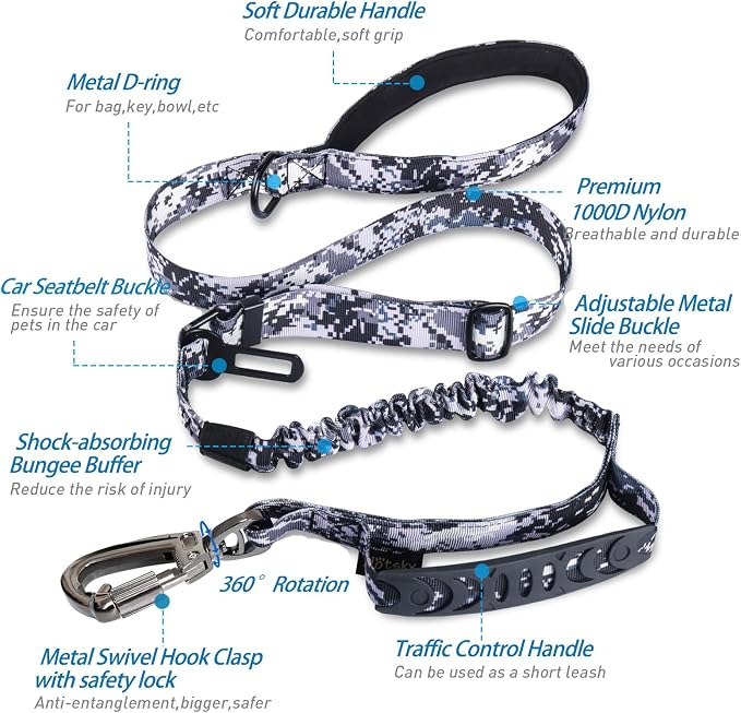 Hotsky Tactical Dog Leash Heavy Duty for Medium Large Dogs that Pull,4-6Ft Strong Bungee Shock Absorbing No Pull Dog Leash with Padded Double Handle and Car Seatbelt,ACU