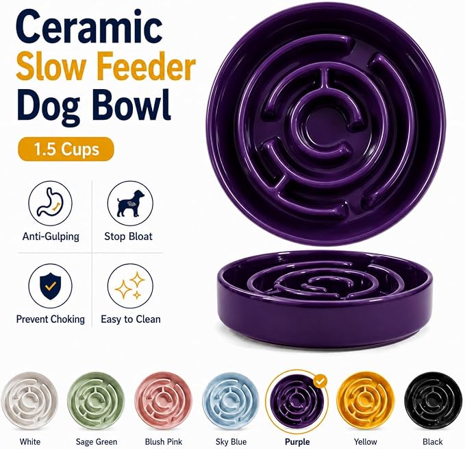 Ceramic Slow Feeder Dog Bowls with Anti-Slip, Slow Feeder & Non-Slip Design, Boredom and Anxiety Reducer, Suitable for All Breed Dogs and Cat (Ceramic-Purple)