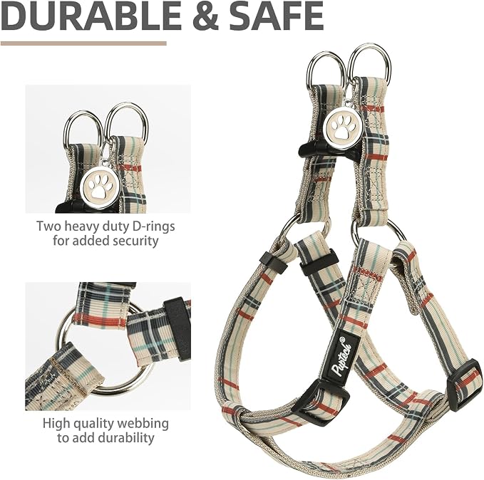 PUPTECK No Pull Dog Harness Soft Adjustable Basic Nylon Step in Puppy Vest Outdoor Walking with ID Tag, Plaid Beige, L