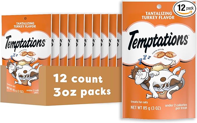 Temptations Cat Treats, Classic Crunchy and Soft Cat Treats, Tantalizing Turkey Flavor, 3 oz. Pouch (Pack of 12)
