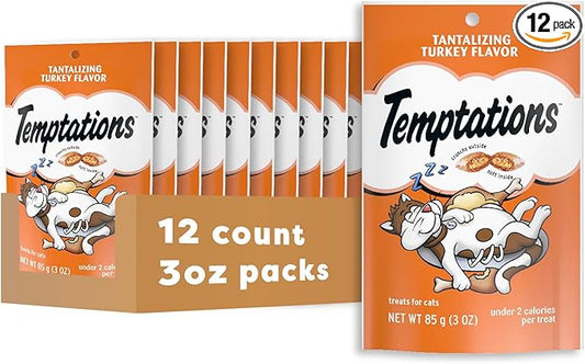 Temptations Cat Treats, Classic Crunchy and Soft Cat Treats, Tantalizing Turkey Flavor, 3 oz. Pouch (Pack of 12)