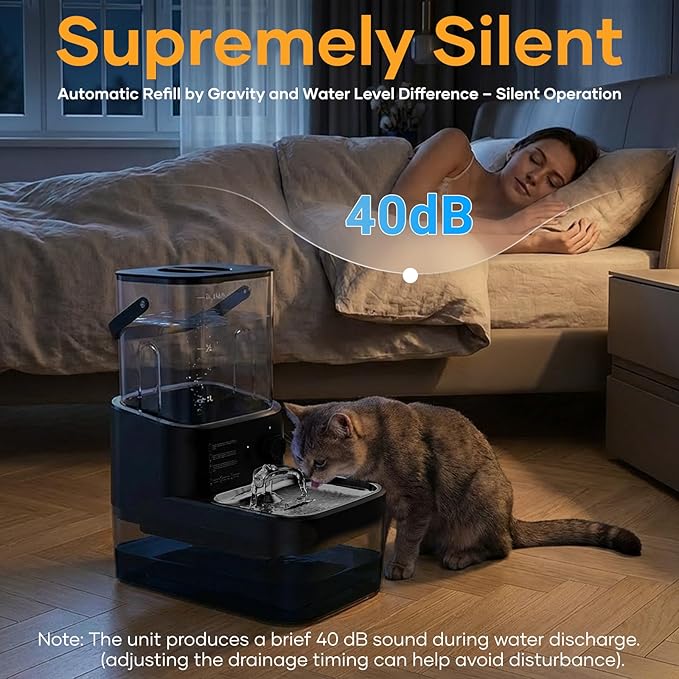 3L Filterless Cat Water Fountain, Wireless Motion Sensor Fountain with 4000mAh Battery, Stainless Steel Cat Bowls, Separate Water Tanks, Quiet – Black