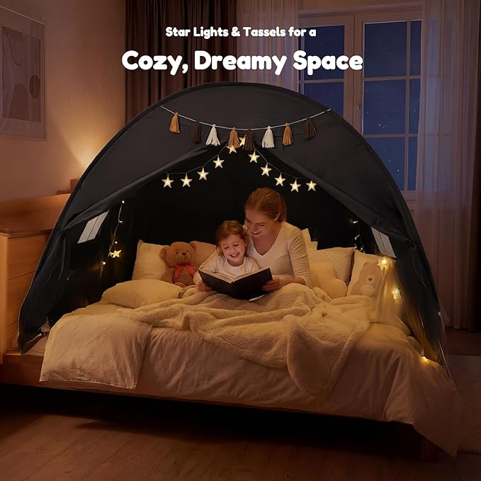 Gorich Twin Bed Tent for Kids, Indoor Privacy Toddler Sleeping Canopy with Mesh Window, Fits Bunk or Floor Bed, Include Star Lights & Tassels, Cozy Playhouse for Boys Girls Birthday