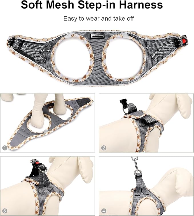 Mercano Soft Mesh Dog Harness and Leash Set, Step-in Reflective Breathable Lightweight Vest Harnesses with Safety Buckle for Small Dogs, Cats (Grey, XS)