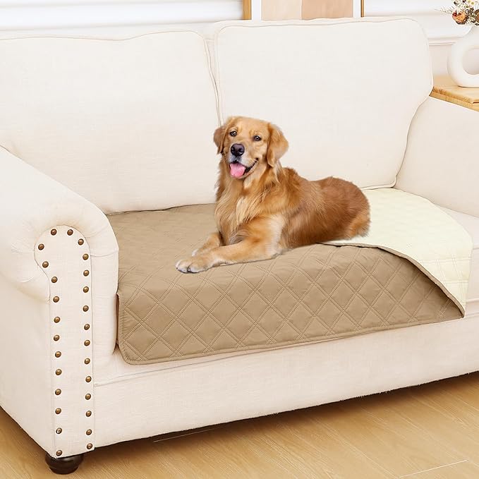 Smiry Waterproof Couch Covers for Dogs Washable, Reversible Pet Couch Covers for 3 Cushion Sofa Pet Friendly, Soft Sofa Furniture Protector for Dogs Cat Kids, Checkered (30"x60", Camel/Beige)