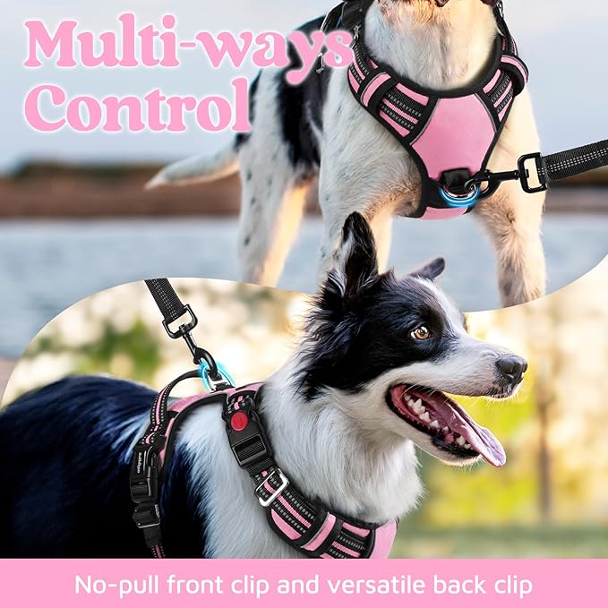 rabbitgoo Dog Harness Medium Sized, 3 Buckles Easy On & Off No Pull Pet Vest, Soft Padded Walking Pet Harness with Control Handle, Adjustable and Reflective, Light Pink, M