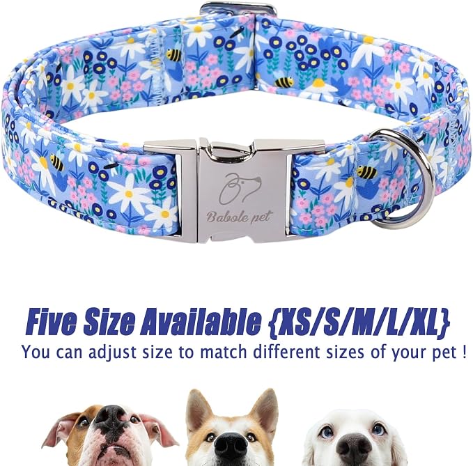 Floral Dog Collar, Cute Blue Wildflowers Dog Collars - Soft Adjustable Spring Summer Everyday Collars for Small Medium Large Dogs, Cottagecore Bloom Dogs Collar M
