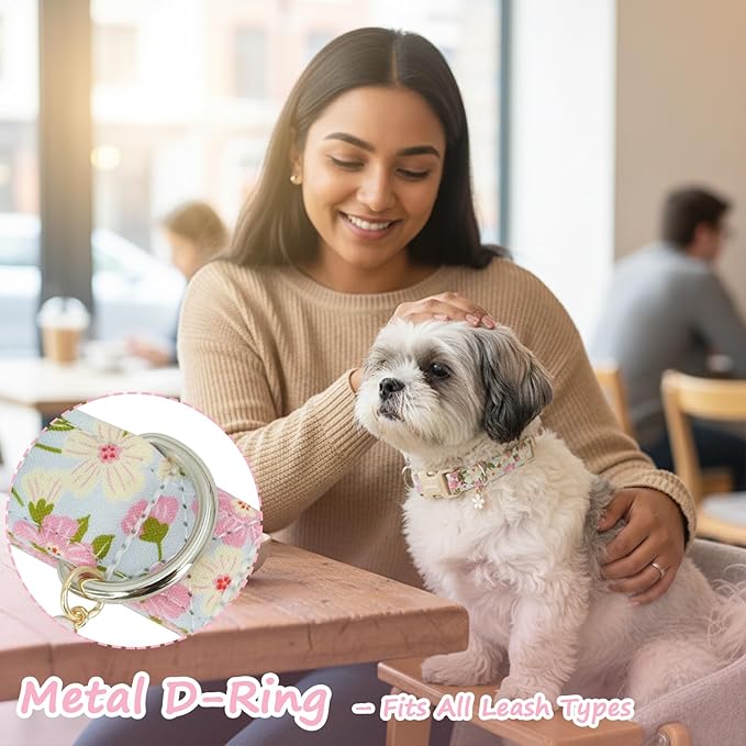 Dog Collar for Small Medium Large Dogs, Spring Blue Dog Collars with Pink & White Flowers, Adjustable Cotton Dog Collars, Cute Girl or Boy Dog Collar Ideal for Gifts,Pet Accessory,S