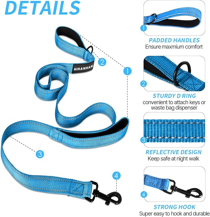 Reflective Dog Leash with Double Handle, Dog Leash 6 FT Long, Supports Medium and Large Dogs, Heavy Duty for Walking, Running, and Training, Blue