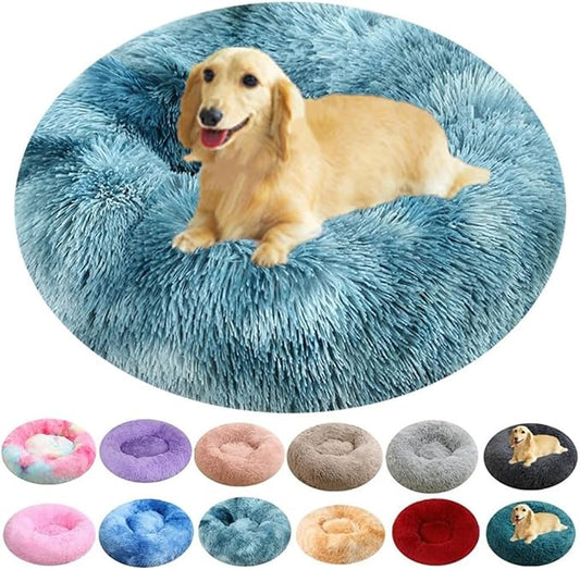 Calming Donut Dog Bed, 24 Inch Round Fluffy Cats Beds for Small Medium Dogs and Cats, Washable Anti-Anxiety Plush Dogs Beds Mute Base Warming Cozy Soft Pet Puppy Bed, Haze Blue