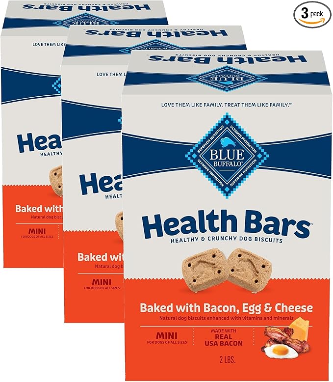 Blue Buffalo Mini Health Bars Crunchy Dog Biscuits, Oven-Baked with Natural Ingredients, Bacon, Egg & Cheese, 2-lb Box (Pack of 3)