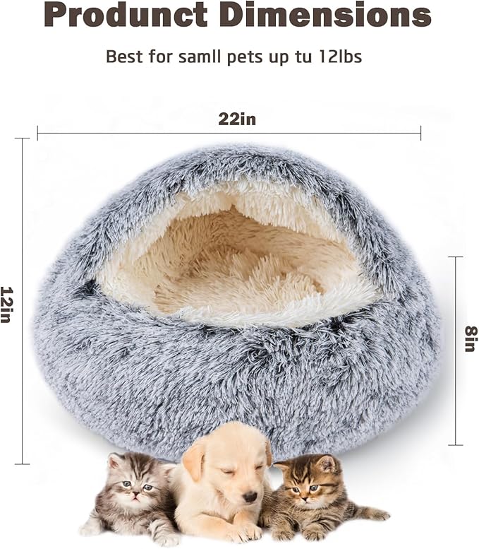 Cat Bed for Indoor Cats, Calming Cozy Cave with Self-Warming Plush, Entire Bed Machine Washable & Anti-Slip Base, Breathable Pet Bed for Small Cats&Dogs All Seasons (Grey, 22 * 22inch)