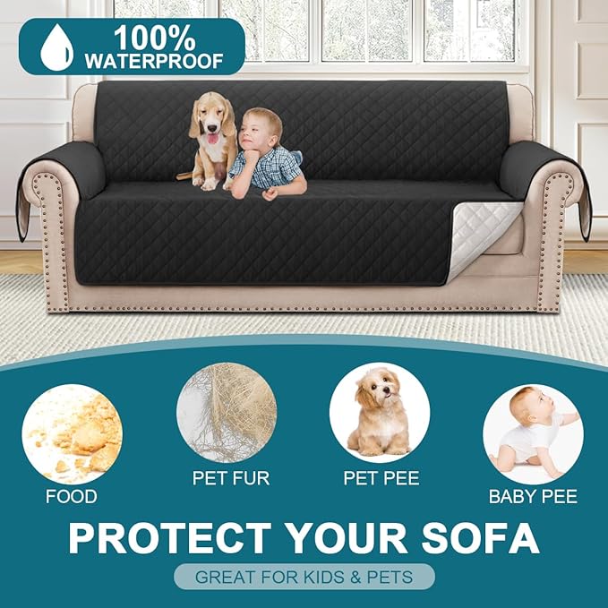 Turquoize 100% Waterproof Sofa Covers Couch Cover Sofa Cover for Dogs Couch Protector Triple Non-Slip Sofa Slipcover for 3 Cushion Couch Furniture Protector for Pets, Kids,Dog (Sofa 70", Black)