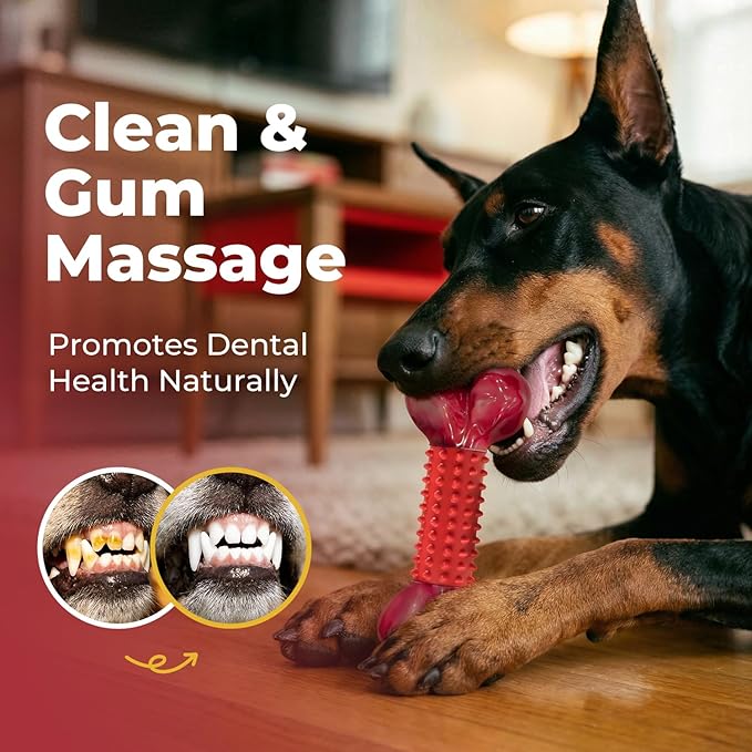 2-Pack Tough Dog Toys for Aggressive Chewers: Beef Flavored Long Lasting Dog Bones for Large Dogs, Heavy Duty Nylon & Rubber Dog Chew Toys to Keep Them Busy, Medium & Large Breed, Red