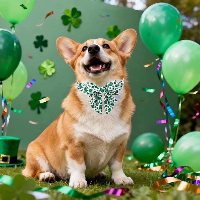 St. Patrick's Day Dog Collar with Bow Tie, Cotton St. Patrick's Day Bowtie Collar for Girl Boy Dog, Lucky Shamrock Dog Collar with Metal Buckle, Spring, L