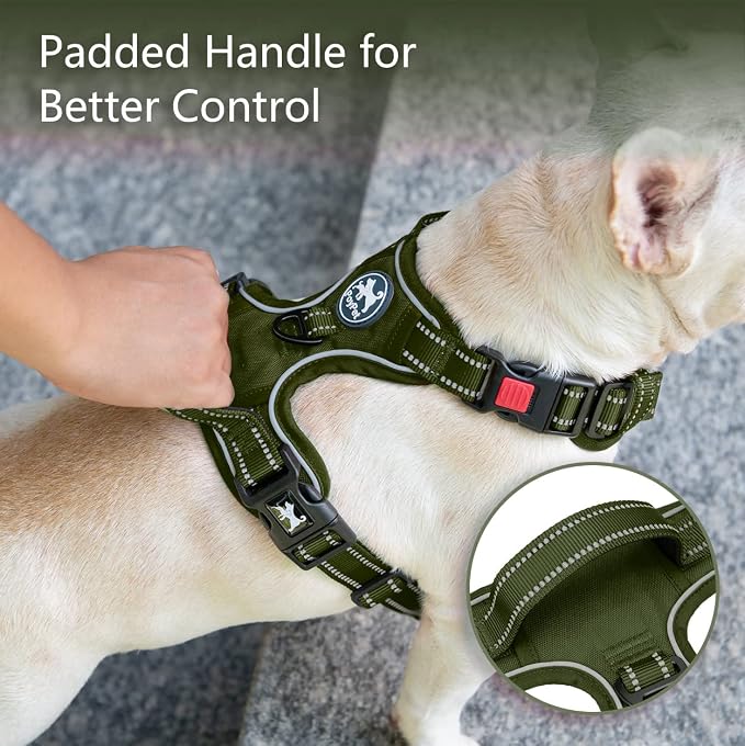 PoyPet No Pull Dog Harness, No Choke Reflective Dog Vest, Adjustable Pet Harnesses with Easy Control Padded Handle for Small Medium Large Dogs(Military Green,L)