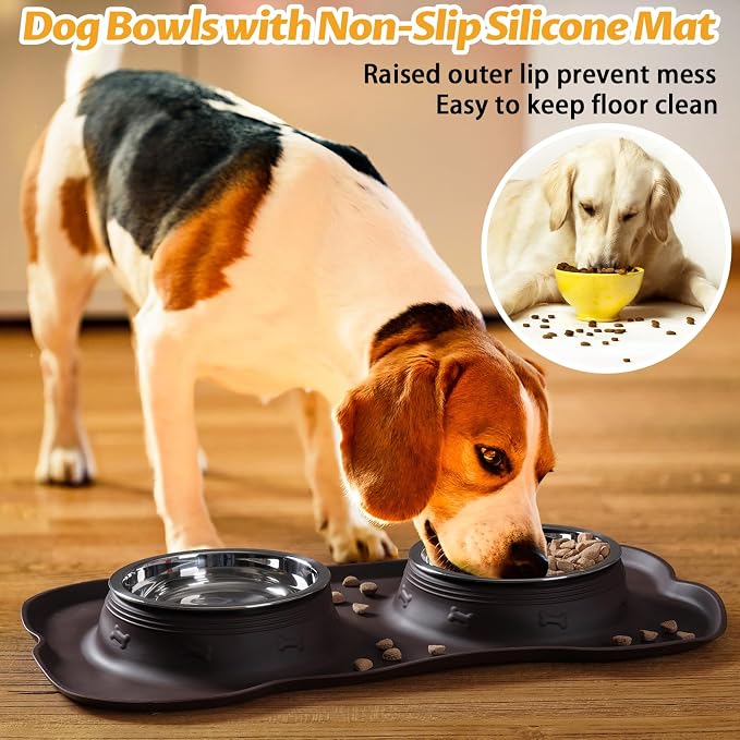 Hubulk Pet Dog Bowls 2 Stainless Steel Dog Bowl with No Spill Non-Skid Silicone Mat + Pet Food Scoop Water and Food Feeder Bowls for Feeding Small Medium Large Dogs Cats Puppies (Medium, Chocolate)