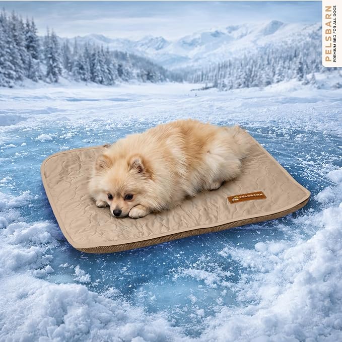Pelsbarn Dog Cooling Mat- Ice Silk Summer Comfort, Self Cooling, Non-Slip Dog Pad, Durable & Washable, Mat for Extra Small Dogs 15 x 19, Support Shelter Dogs with Every Purchase (Beige)