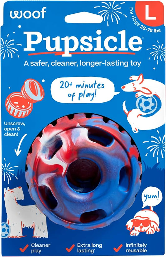 WOOF Pupsicle - Long-Lasting Interactive Dog Ball Toy to Keep Your Pup Busy and Distracted - Safe for Dogs - Low-Mess Design - Dog Toys for Medium and Large Dogs 25-75 lbs - July 4th Edition