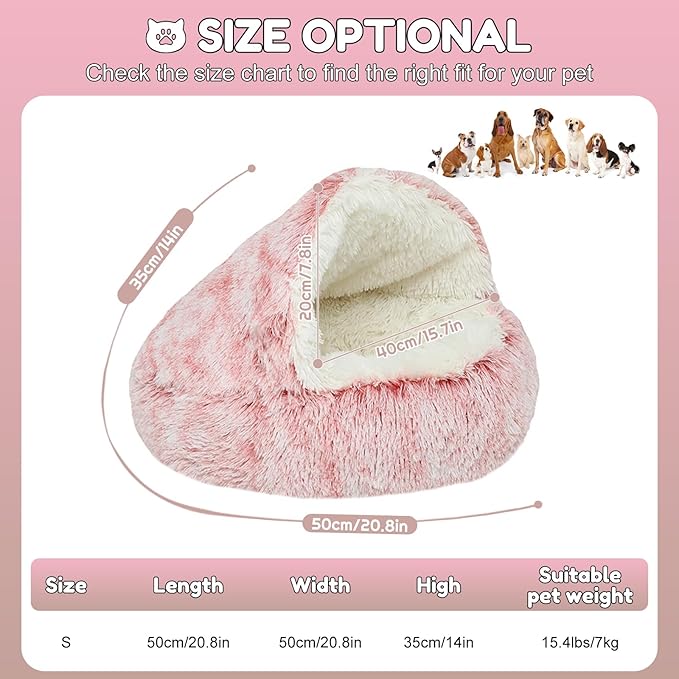SUOXU Anti-Anxiety Cat Bed, Plush Hooded Cave, 20 in Diameter, Suitable for Small to Medium Pets, Pink