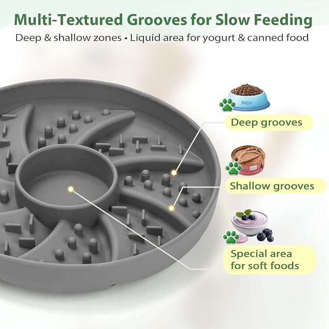 Silicone Dog & Cat Slow Feeder Bowl Lick Mat with Strong Suction Cups, Anti-Spill Design, Multi-Textured, Extend Mealtime, Reduce Anxiety, Dishwasher Safe, All Breeds & Ages (Grey)