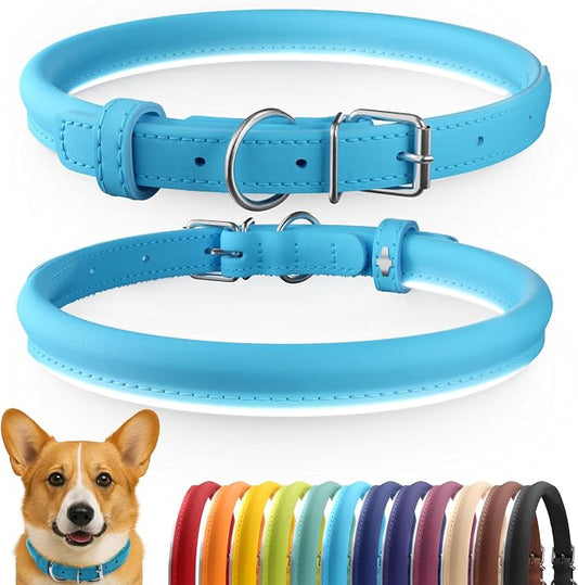 CollarDirect Reflective Rolled Leather Dog Collar, Soft Padded Round Puppy Collar, Handmade Genuine Leather Collar Dog Small Large Cat Collars 13 Colors (13-16 Inch, Light Blue Reflective)