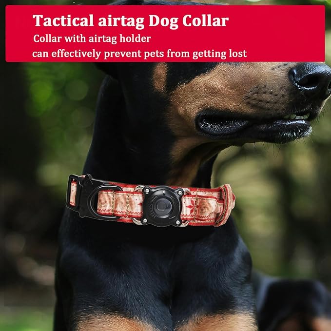 Christmas Tactical Dog Collar with Airtag Holder Waterproof Dog Airtag Collar with Control Handle Adjustable Heavy Duty Dog Collars(Christmas Red，L