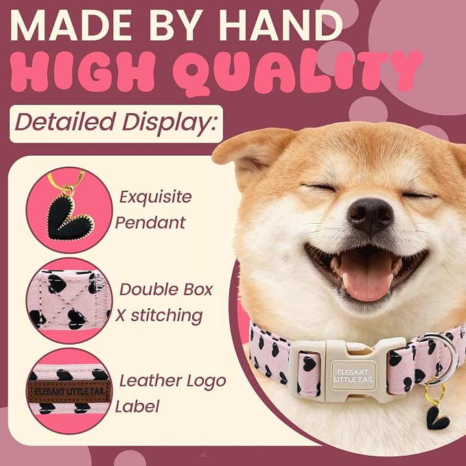 Elegant little tail Valentine's Dog Collar - Black Heart Dog Collars Cotton Puppy Adjustable Pet Collars with Sturdy Quick Release Buckle for Large Dogs
