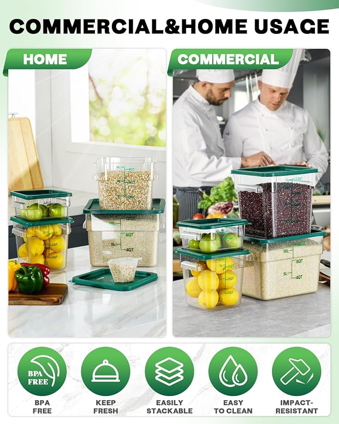 12QT NSF Food Storage Containers: 6PCS [Food Grade][Hot&Cold Resistant] Commercial Clear Food Storage Containers with Lids for Restaurant Kitchen Proof Dough, Measuring Spoons Included(GREEN)