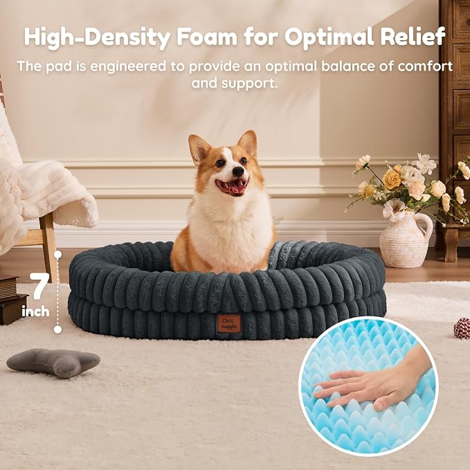 ChiXnuggle Orthopedic Dog Bed for Large Dogs, Waterproof Faux Rabbit Fur Dog Couch with Egg Crate Foam Support and Washable Removable Cover, Bolster Pet Sofa with Non-Slip Bottom, 35x28x7, Dark Grey
