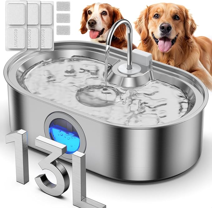 3.4Gal Dog Water Fountain for Large Dogs, 13L Stainless Steel Large Pet Fountain with Deeper & Wider Drinking Area, Automatic Dog Water Bowl Dispenser with Water Window (with 3 Filters)