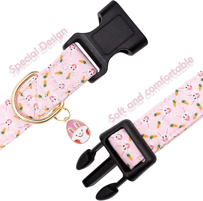 Faygarsle Cute Collar for Small Medium Large Dogs - Pink Cotton with Adorable Rabbit Print - Puppy Collar with Easter Egg Charm - XS