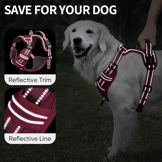 HEELE Dog Harness for Medium Dogs No Pull Dog Vest Harness with Soft Padded Handle Reflective for Outdoor Training, Burgundy Red, M