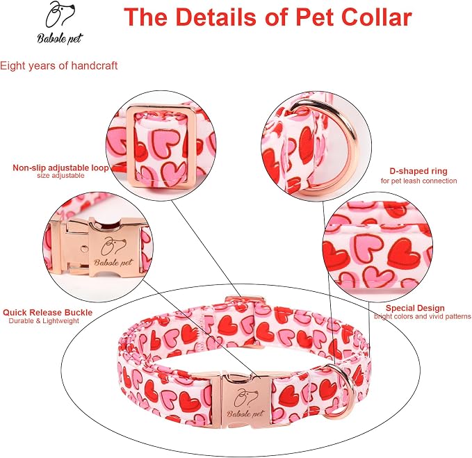 Valentines Dog Collar, Pink Heart Print Girl Dog Collars, Cute Valentine Puppy Collars, Adjustable Heavy Duty Pet Collar for Small Medium Large Dogs with Metal Buckle XL